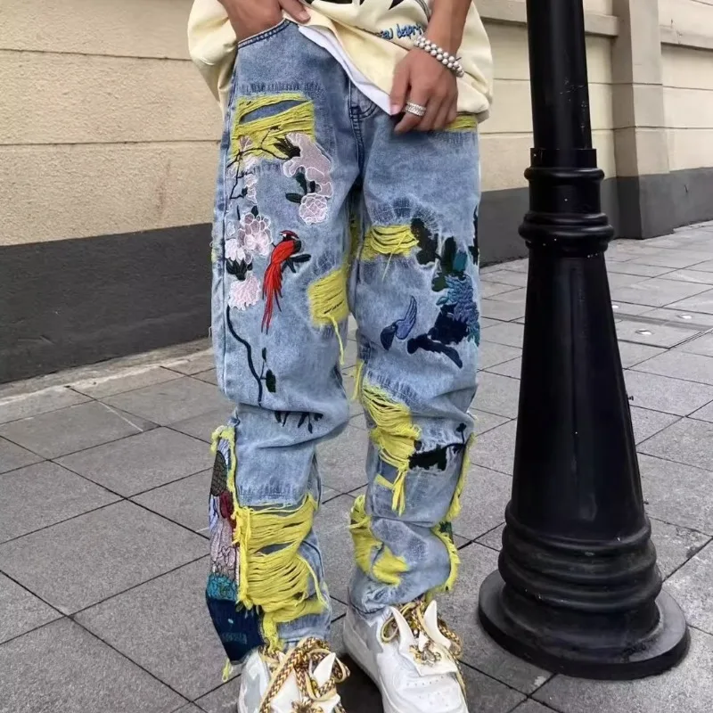 Street Fashion In Japanese - Jeans délabrés brodés hip-hop vintage pour