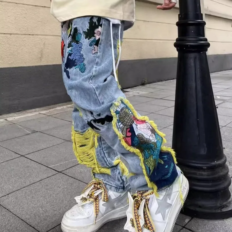 Jeans délabrés brodés hip-hop  - Street Fashion In Japanese avis et prix